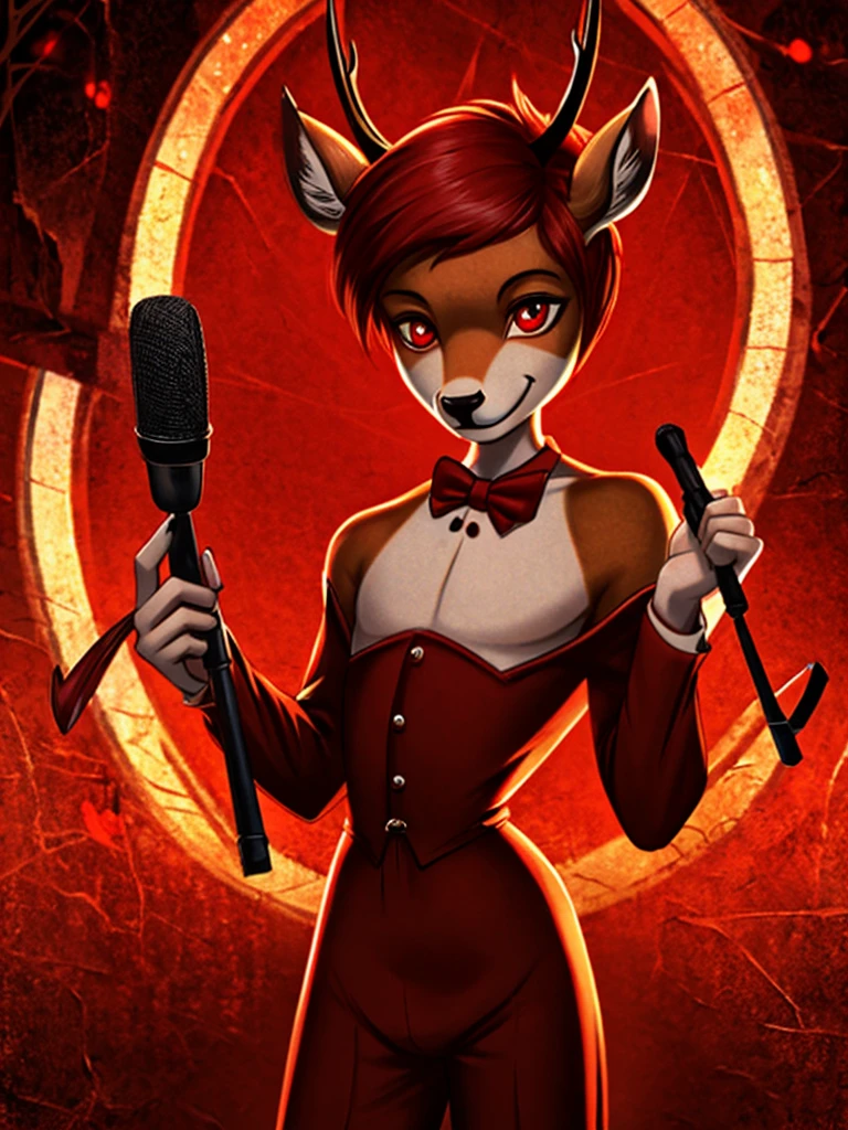  (best quality, masterpiece:1), solo, furry male, androgynous, anthro, read eyes, short hair, red hair, bob haircut, portrait, looking at viewer, deer,  creepy, scary, powerful, spooky, deer, male, face focus, thin body, thin waist, large shoulders, red suit, bow tie, red color scheme, hell, demon, radios, 1930's, 1930's style, 1930's style outfit, holding a red old microphone, (smile), (large smile), 