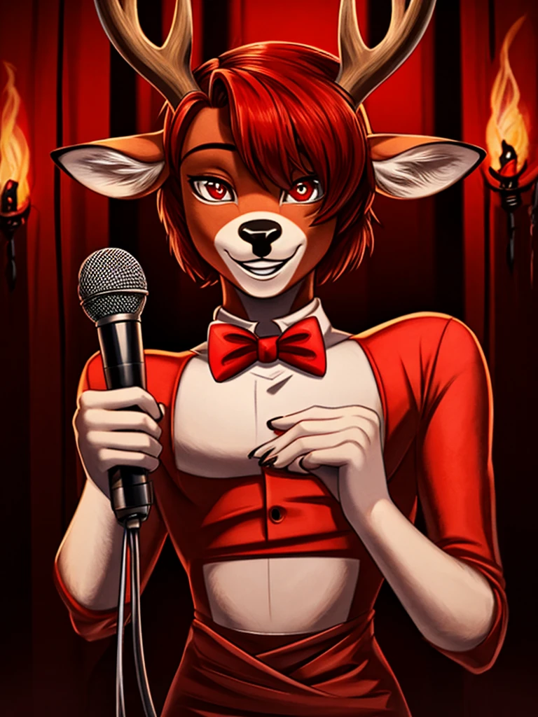 (masterpiece, best quality:1.3), androgynous deer, male, face focus, thin body, thin waist, large shoulders, red suit, bow tie, red color scheme, hell, demon, radios, 1930's, 1930's style, 1930's style outfit, holding a red old microphone, (smile), (large smile), 