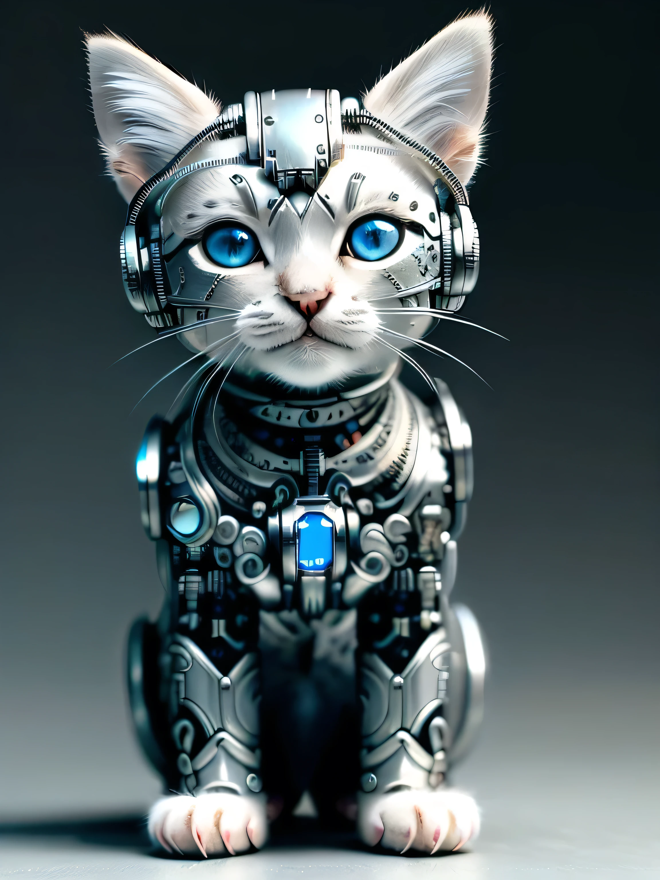 (((Cute kitten made of metal))、(intricate cyborg:1.2))、(Intricate details)、Hmph、(Intricate details、Ultra-detailed:1.2)、Cinematic shots、Vignette、central、blue eyes、Artistic、specimen、Surrealism、