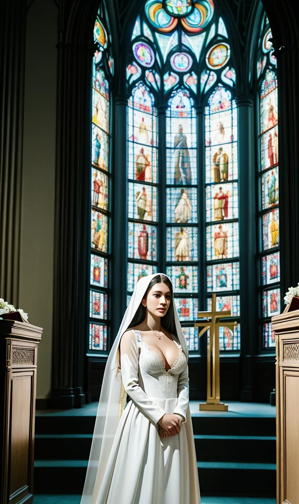 Ultra detailed photo of a ultra  incredibly gorgeous Ukrainian 32 year old  angelic supermodel mother nun bride dressed as hyper  nun in a gothic cathedral getting married ,((standing next to an altar boy)), mystical lights, backlit, ((very detailed faces)), focus on face, (cleavage:1.5), ink lines, dynamic, modern, awe inspiring, whimsical, complex, dreamlike, magical, visually stunning, high contrast, soft colors