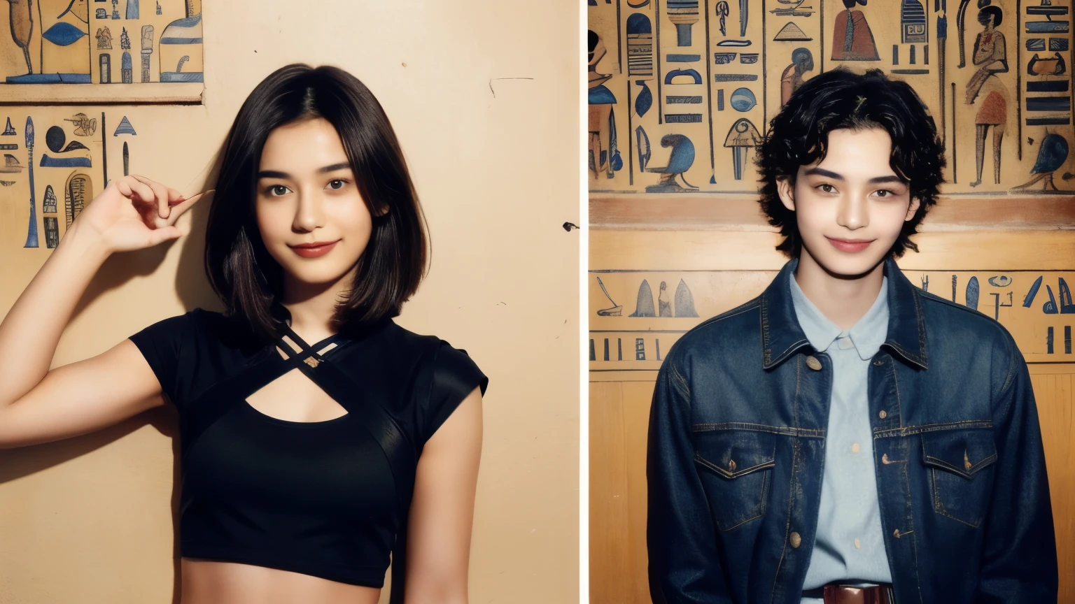 244 (An 18-year-old female and an 18-year-old male), short hair,kind, lipstick, Egyptian civilization, Waist belt, Hieroglyphics, smile