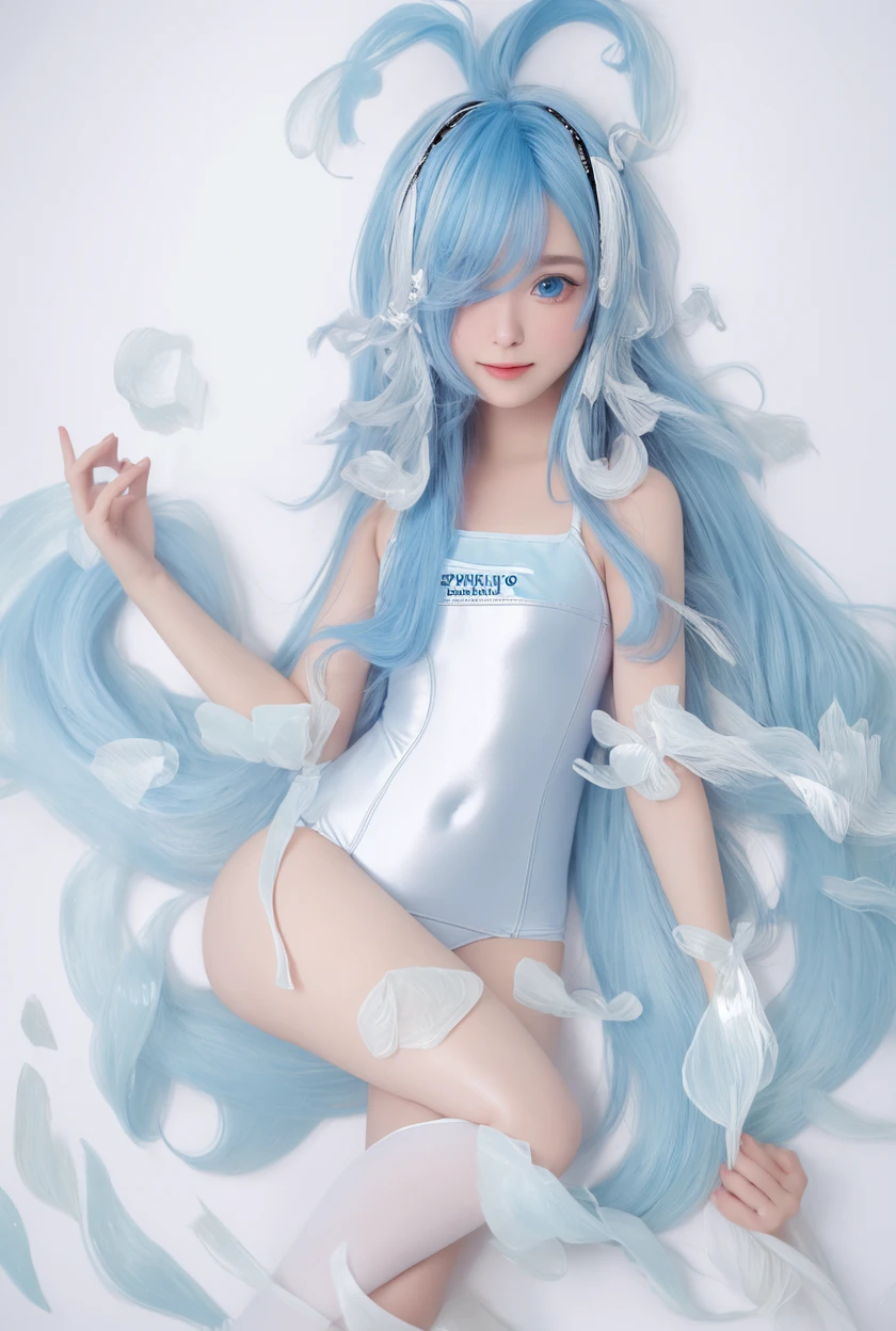 Japanese 、White bodysuit、The whole body can be seen from directly below、Delicate body、flat chest、lightblue hair