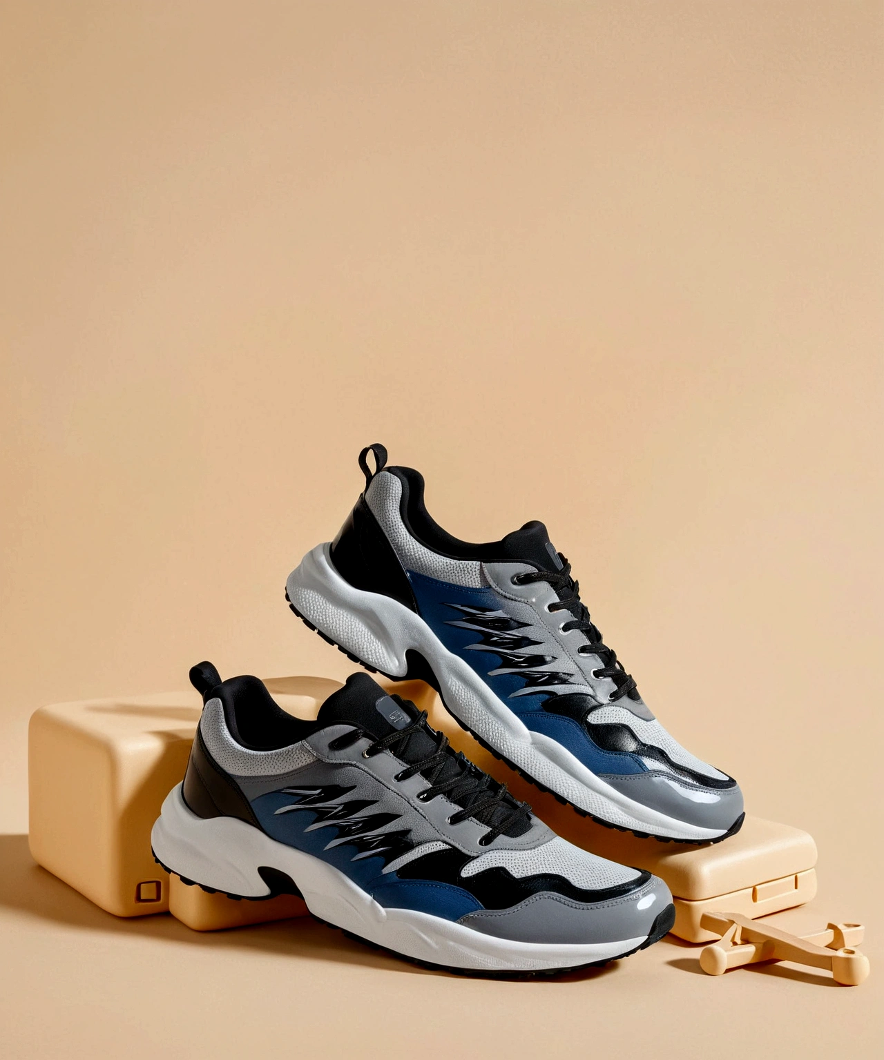 A pair of sneakers,Background clean yellow blue gradient,Only shoes appear,The shoes must be seen all over the body,Shoes are shiny,Fine details,HD resolution,Best picture quality,Higher quality,High Detail,Ultra-high resolution,8K resolution,masterpiece