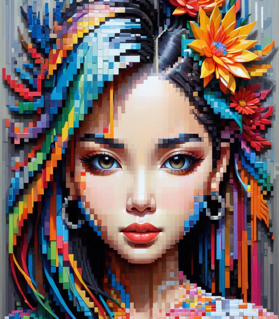 pixel art,Thai artist Gil Bruvel uses colorful brush strokes to create 3D pixel portraits of girls..