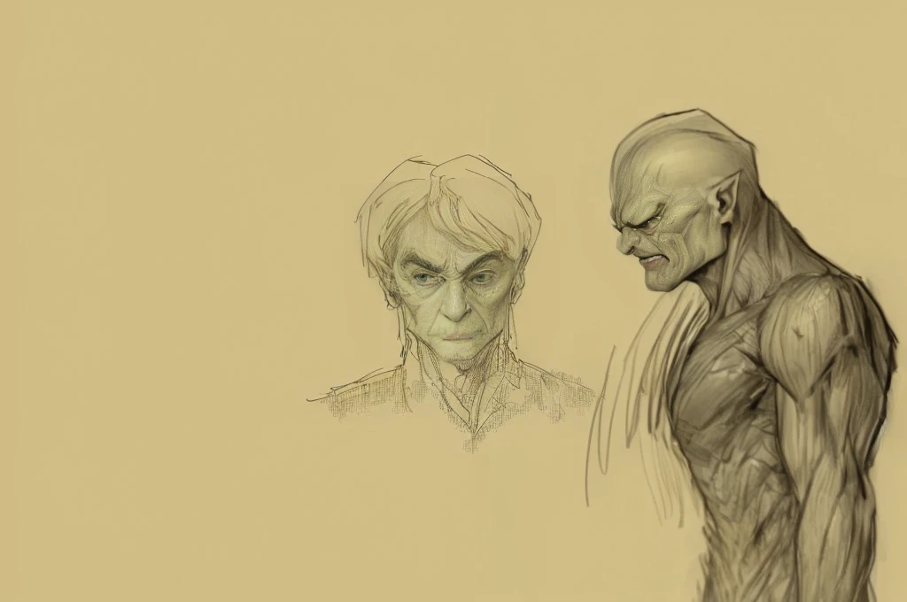 A painting,A man and a woman stand side by side in the painting, green goblin portrait, artistic, Comic character design, unrealistic character concept, character study, figure painting, Character design sketch, realistic character concept, comic concept art, Gollum becomes a giant, facial studies, Old Sketch, Guyville style, Concept Character, Character design human figure