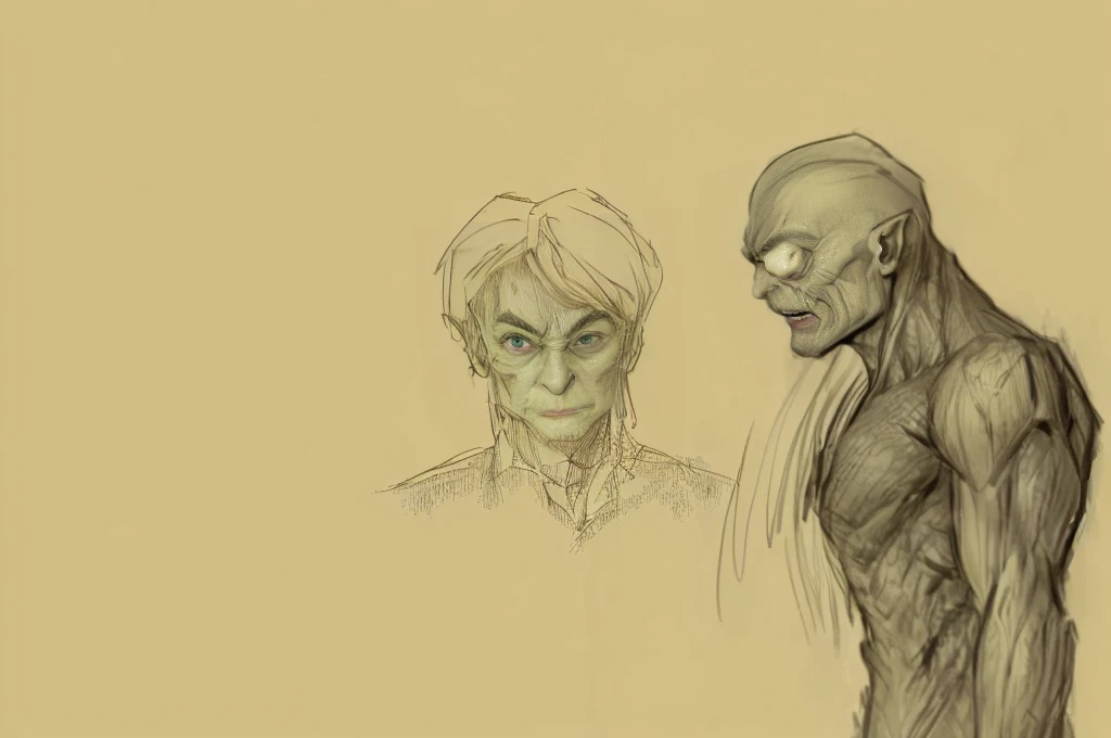 A painting,A man and a woman stand side by side in the painting, green goblin portrait, artistic, Comic character design, unrealistic character concept, character study, figure painting, Character design sketch, realistic character concept, comic concept art, Gollum becomes a giant, facial studies, Old Sketch, Guyville style, Concept Character, Character design human figure