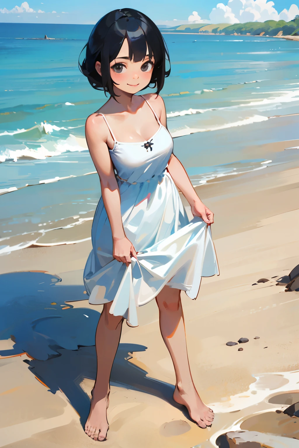 anime screencap, masterpiece, best quality, highres, outdoors, small breasts, gine, spiky black hair, 1 girl, Solo, Black Eyes, Good hands are down, Smile, Blushing, Bare Neck, Bare Shoulders, strapless, White Ruffle Off-the-Shoulder maxi dress. Cowboy shot. A landscape of the beach, sea, blue skies, sand beach. In the center. Walking on the beach with bare feets. Far from the bottom, looking at viewers