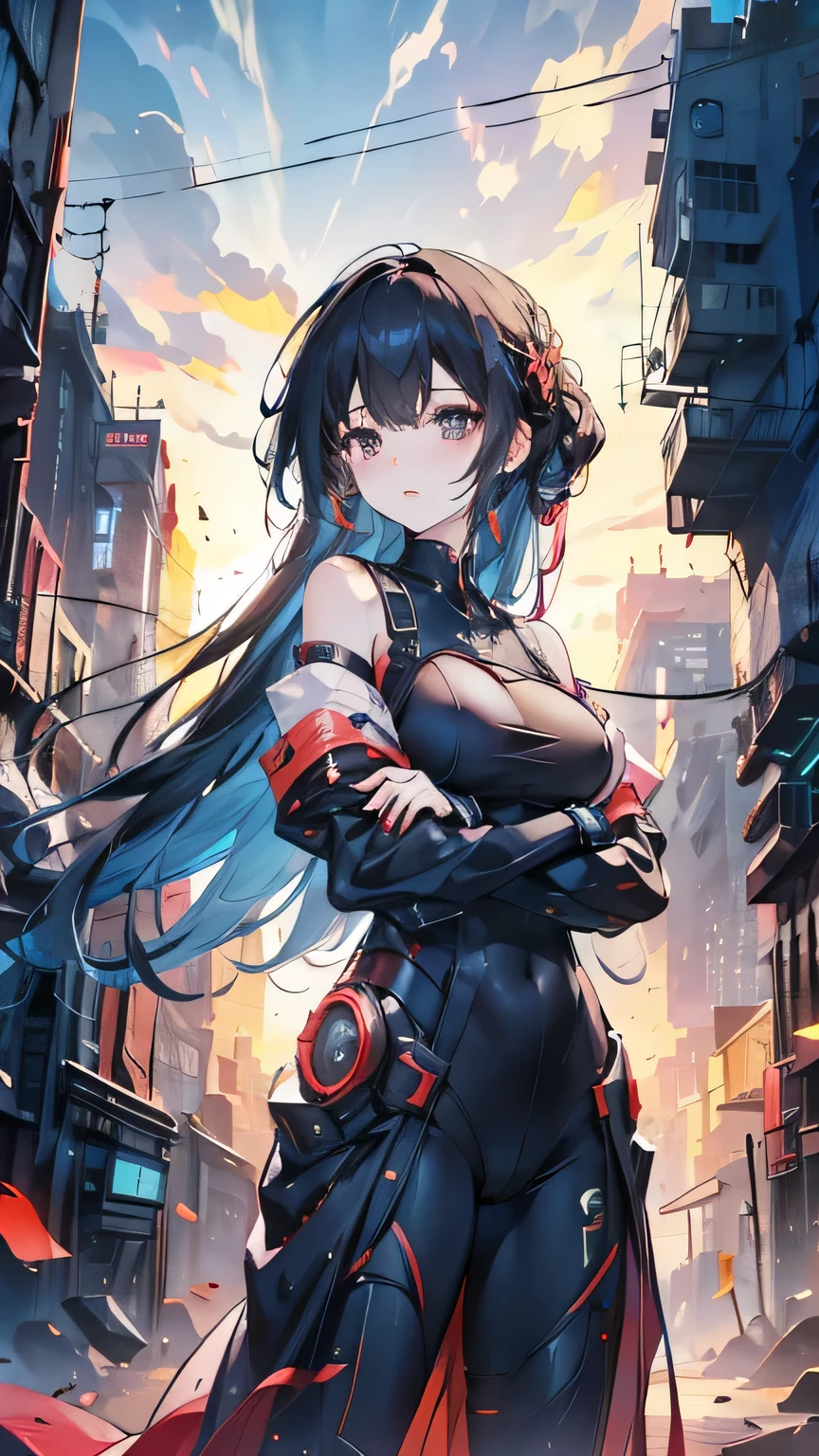 dark blue hair, long hair, swept bangs, jewelry, hairpods, cinematic lighting, UHD, masterpiece, accurate, high quality, highres, best quality, high details, super detail, off-Shoulder, (red bodysuit), science fiction, cyberpunk, ruined city, buildings, midnight, (arms crossed)