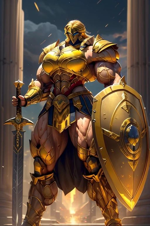 ((((Massive, tall, beautiful, buff, muscular brown skinned female spartan with yellow hair, ginormous bulky muscles, holding a sword and shield and wearing an all yellow gleaming spartan armor and pleated skirt)))), (close view), black eyeliner, massive muscles, massive biceps, hyper muscle triceps, (long flowing hair), gray eyes, spartan boots, In a Roman city, steel spartan armor, armor breastplate, nighttime, confident smile, (hyper muscles arms), hyper muscle legs, (ginormous arms)