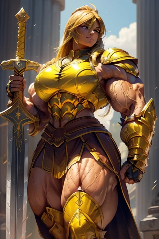 ((((Massive, tall, beautiful, buff, muscular brown skinned female spartan with yellow hair, ginormous bulky muscles, holding a sword and shield and wearing an all yellow gleaming spartan armor and pleated skirt)))), (close view), black eyeliner, massive muscles, massive biceps, hyper muscle triceps, (long flowing hair), gray eyes, spartan boots, In a Roman city, steel spartan armor, armor breastplate, nighttime, confident smile, (hyper muscles arms), hyper muscle legs, (ginormous arms)