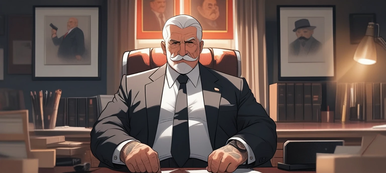 children's picture books,crayon paintings, the office of a mafia boss 1 old man, fat, mafia boss, 45 years old, black expensive suite, white short hair, tattos, red tie, moustache and beard