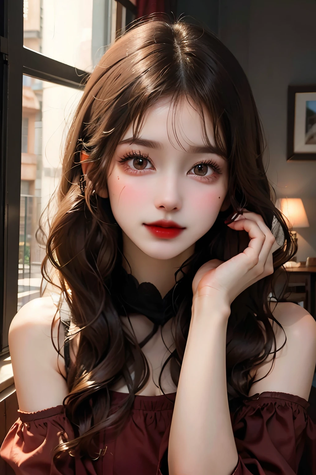 Brunette girl, straight dark brown hair slightly below the shoulders. dark brown eyes, nariz delgada, labios un poco rellenos y cejas curvas. Con lentes