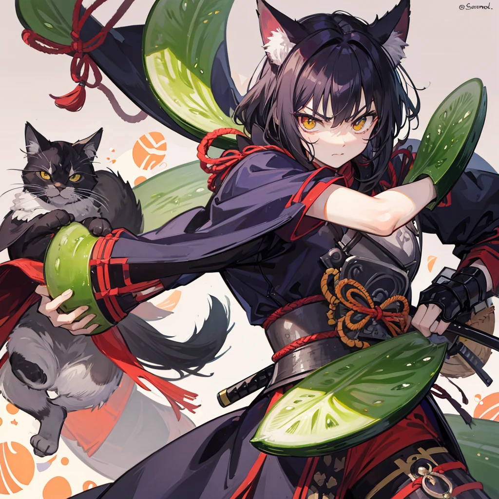 menacing samurai warrior cat holding a cucumber 