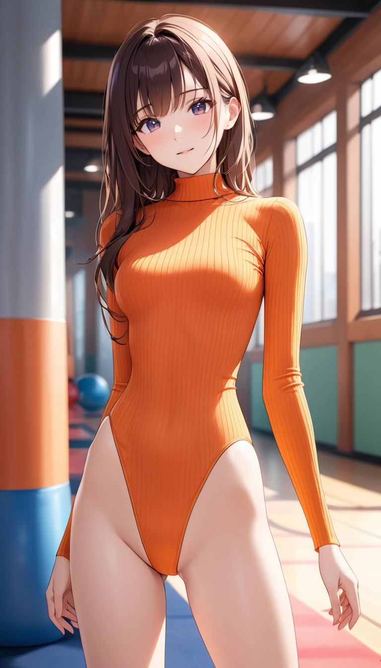 highquality illustration, masterpiece, very delicate and beautiful, attractive girl,(colorful leotard, heattech leotard,tight leotard,long_sleeve leotard,ribbed leotard,high_leg leotard,turtleneck leotard), thin,slender body,slim,gymnastics club,2 girls,gymnastics athlete,bare legs,gymnasium background,beautiful eyes, light smile,(masterpiece, best quality:1.2), highres, extremely detailed CG unity 8k wallpaper, perfect lighting, Colourful, ultra-high res,4K,ultra-detailed, photography, 8K, HDR,   ages, 