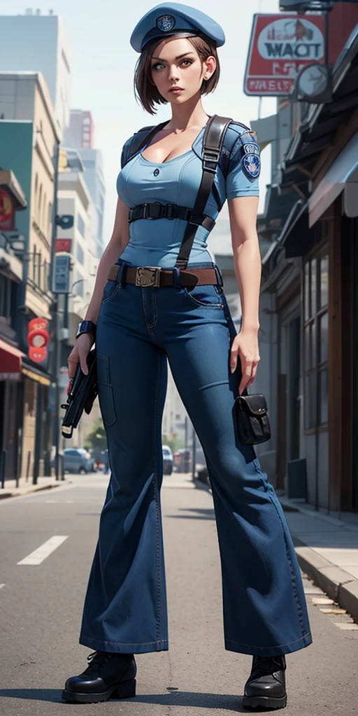 Jill Valentine, masterpiece, best quality, 1girl, solo, standing, jillre1, beret, uniform, shoulder pads, short sleeves, harness, belt, bell-bottom blue pants(Wide flares on pants:1.2), cleavage, black combat boots, full body, perfect blue eyes, perfect red mouth,