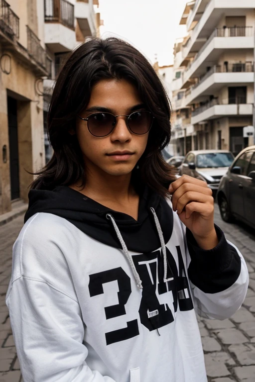 Muchacho adolescente  no tan alto con cabello negro  churco ojos cafes lentes ropa suelta y buso negro con piel ligeramente blanca 