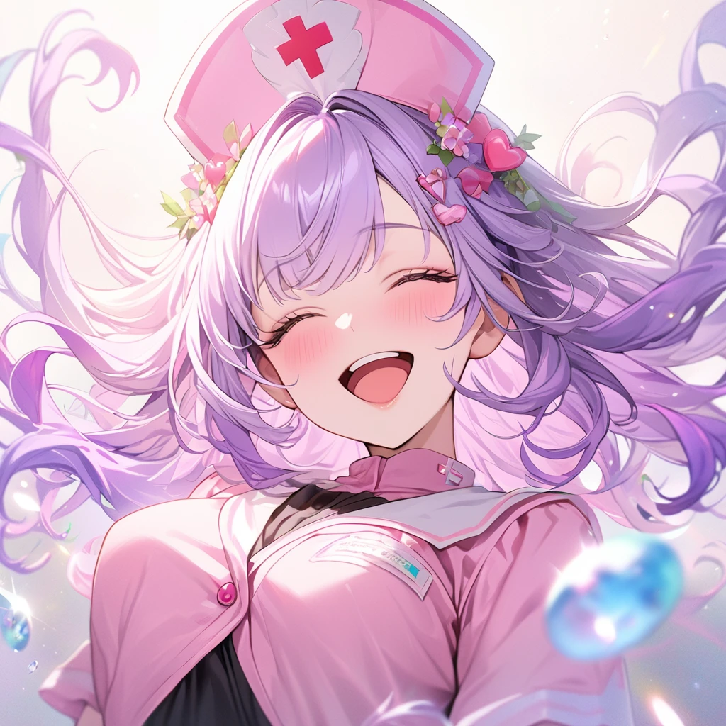 beautiful a girl wearing a pink nurse uniform and a pink nurse cap,, (highest quality,masterpiece,16K or 8K,Super detailed,gradient glitter ),(Upper body、front), background Colorful heart, beautiful, masterpiece, highest quality、gradient hair, light blue-purple hair, floating hair, wavy hair,fluffy hair、 Hair in the wind, pastel wreath on head,Hairpins, heart-shaped hairpins with a red cross inside, green and black colored eyes, long eyelashes, beautiful eyes, light smile, bright pupils, (a girl closes her eyes and opens her mouth and smiles happily.),digital illustration, highest quality,High resolution, romantic academia, romantic atmosphere, fantasy, white background, happy, laughing,