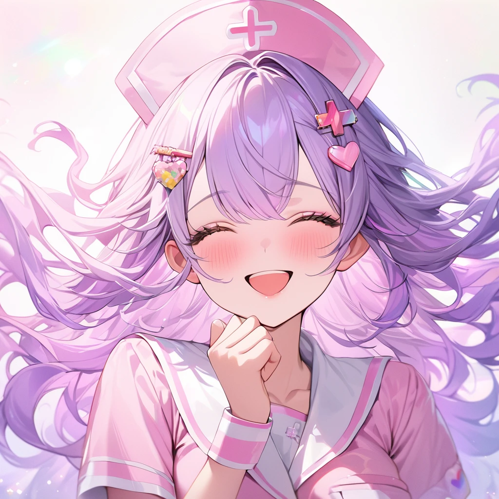 beautiful a girl wearing a pink nurse uniform and a pink nurse cap,, (highest quality,masterpiece,16K or 8K,Super detailed,gradient glitter ),(Upper body、front), background Colorful heart,  beautiful, masterpiece, highest quality、gradient hair, light blue-purple hair, floating hair, wavy hair,fluffy hair、 Hair in the wind, pastel wreath on head,Hairpins, heart-shaped hairpins with a red cross inside, green and black colored eyes, long eyelashes, beautiful eyes, light smile, bright pupils, (a girl closes her eyes and opens her mouth and smiles happily.),digital illustration, highest quality,High resolution,  romantic academia, romantic atmosphere, fantasy, white background, happy, laughing,