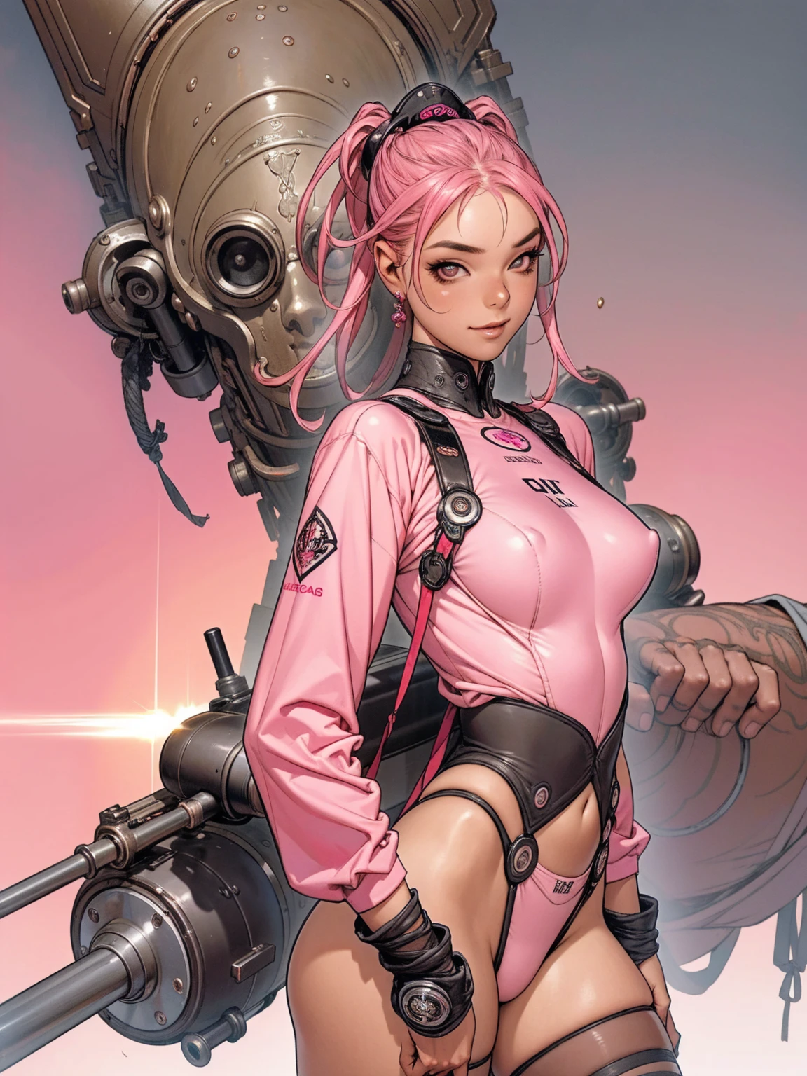 (((Pink Suit))), (((devilish smile))), (((melhor qualidade: 1.4))), (((hard body))), (((mechanic))), (((Pink hair))), (((DuneWalker))), (((post-apocalypse))), (Unbeatable masterpiece), (hiper HD),(CG 8k hiper-realista), 1Garota armada em um mundo futurista usando roupas coloridas e modernas. Corte de cabelo ultra moderno, perfect body with robotic parts, seios grandes, bunda perfeita, muscles without exaggeration, rosto lindo com olhos azuis penetrantes, add textures to clothes and create something different from the usual, add accessories like garter belt, espartilho e luvas com listras, pele bronzeada e com brilho de molhado, industrial environment with giant heavy machines, Intricate machinery and giant robot parts