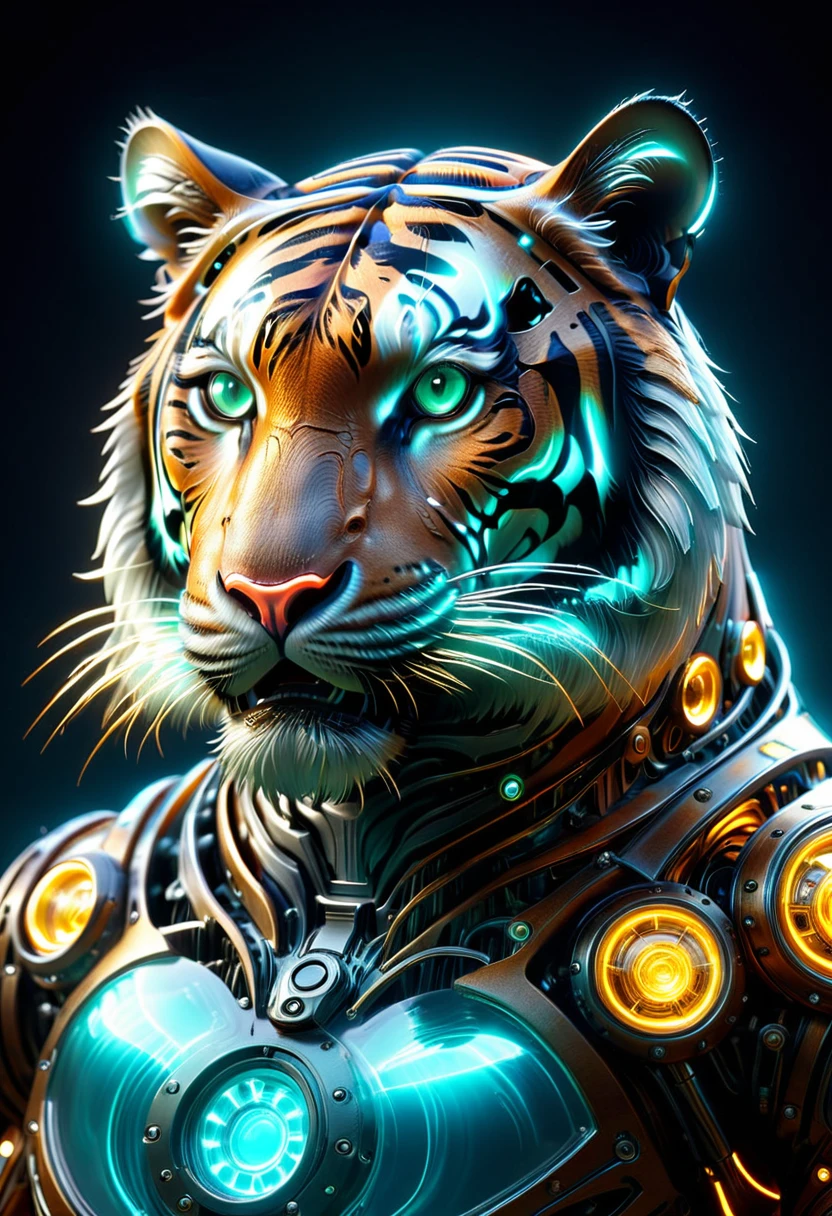 (Mechanical Bengal tiger:1.5),Mythical creatures , (Mythical Machine), (Mechanobiology),Mysterious,phantom,transparent,Bioluminescence,Divine Light,fluorescence,Charm,mystery,Bright colors,Detailed explanation,real,Super real,A spectacular technological fantasy,epic surrealism,Spectacular future fantasy,Bright colors