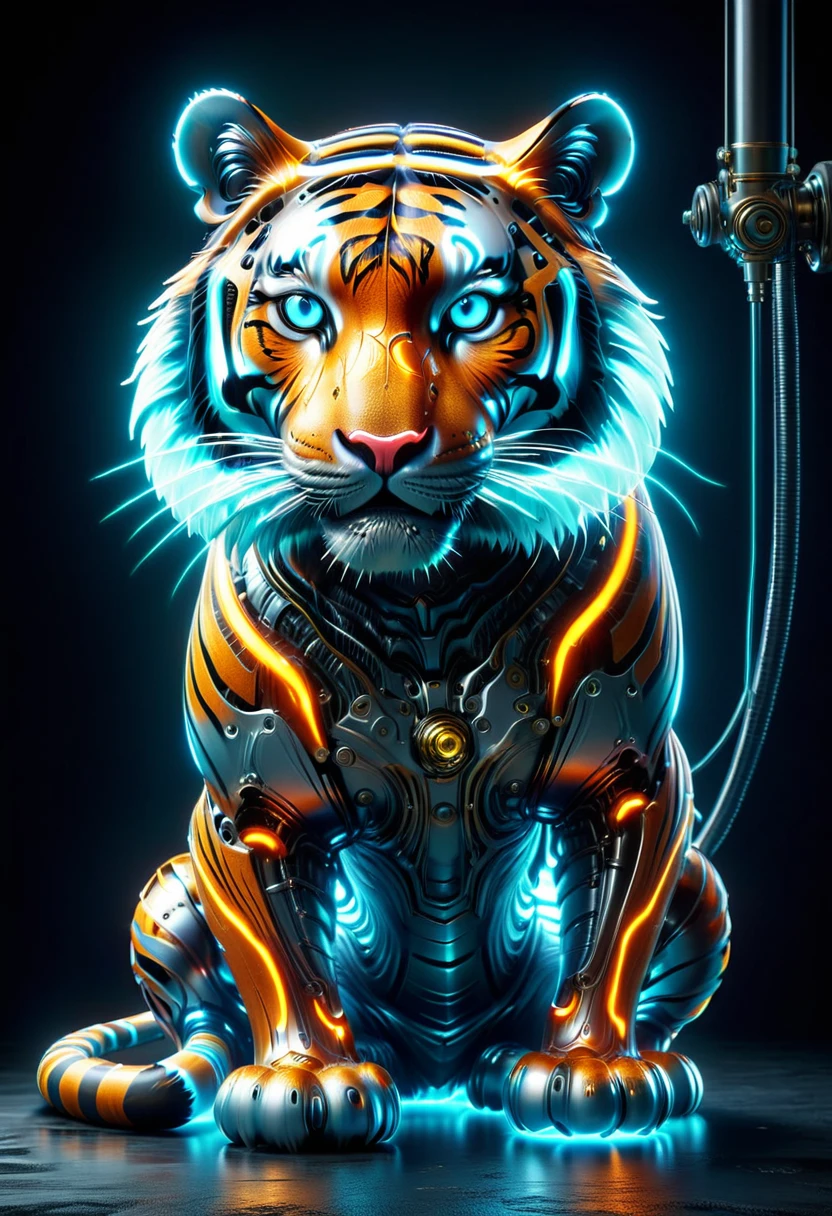 (Mechanical Bengal tiger:1.5),Mythical creatures , (Mythical Machine), (Mechanobiology),Mysterious,phantom,transparent,Bioluminescence,Divine Light,fluorescence,Charm,mystery,Bright colors,Detailed explanation,real,Super real,A spectacular technological fantasy,epic surrealism,Spectacular future fantasy,Bright colors