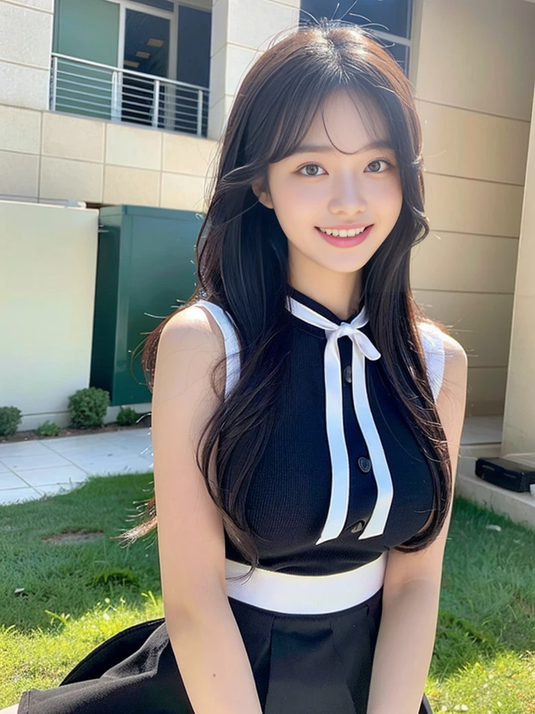 Highest quality、masterpiece、8k、Very detailed、Realistic、(One woman)、bed、(Looking at me with a smile:1.5)、whole body、Black Hair、Small face、(Slender:1.2)、(Big Breasts:1.2)、(A tight, buttoned, sleeveless sailor suit:1.2)、(Short tight skirt:1.2)、(The shape of the chest is emphasized)