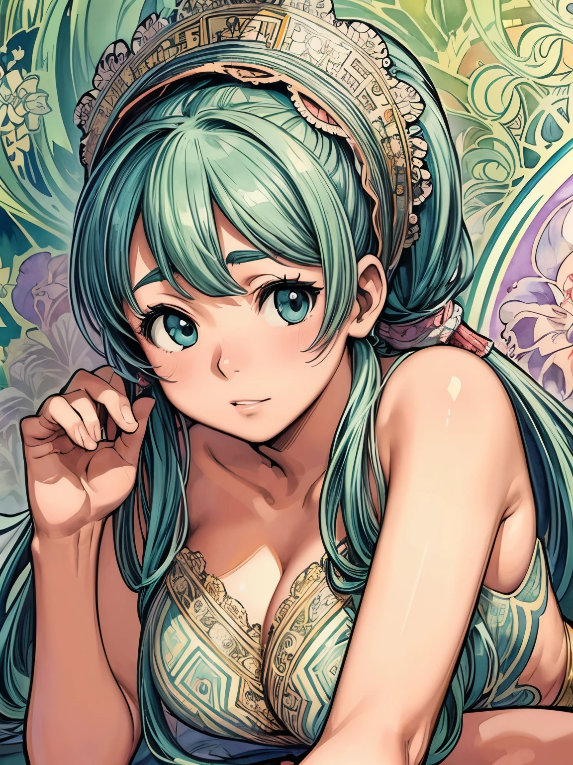 (masterpiece、highest quality、highest quality、Official Art、Beautiful and beautiful:1.2)、(One girl:1.3)Hatsune Miku、Twin tails,Beautiful breasts,((masterpiece)), (highest quality), (Cinematic), Art Nouveau, ((Watercolor), goddess, Big Breasts, Big eyes, long and thick eyelash, Cleavage, Fuller lips, long and thick hair, High Ponytail, accessories, Features intricate designs and patterns in the style of Alphonse Mucha.