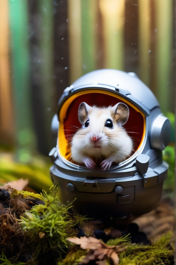 RAW Photos, delicate, highest quality,Hyper Detail, In detail,  8k, 32k, masterpiece,(Ultra-high resolution:1.2),Grey Djungarian hamster in a space suit、Take a helmet、The mission to the moon is ready, In the snowy forest、Cloudy Trees々and crunchy, cold,Hide in burrows and tree holes,Rim Light