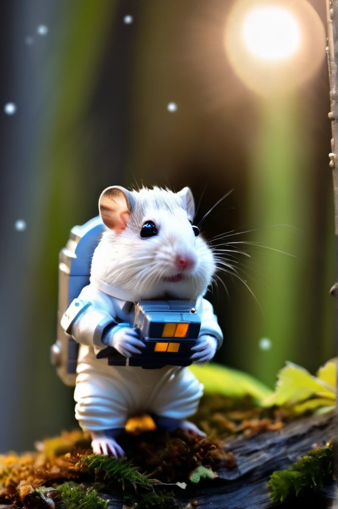 RAW Photos, delicate, highest quality,Hyper Detail, In detail, 8k, 32k, masterpiece,(Ultra-high resolution:1.2),Grey Djungarian hamster in a space suit、Take a helmet、The mission to the moon is ready, In the snowy forest、Cloudy Trees々and crunchy, cold,Hide in burrows and tree holes,Rim Light