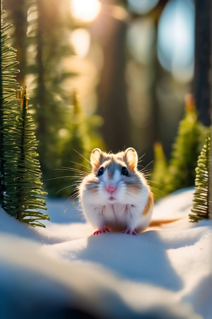 RAW Photos, delicate, highest quality,Hyper Detail, In detail, 8k, 32k, masterpiece,(Ultra-high resolution:1.2),Grey Djungarian hamster in a space suit、Take a helmet、The mission to the moon is ready, In the snowy forest、Cloudy Trees々and crunchy, cold,Hide in burrows and tree holes,Rim Light