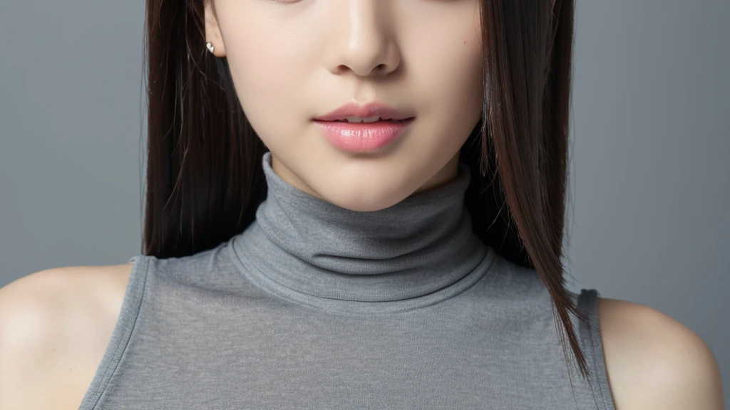 (detailed face),VIVID,normal breasts,pretty,sleeveless and turtle neck white silky clothes,4k ,super high resolution ,(photo-realistic: 1.7),gray background,