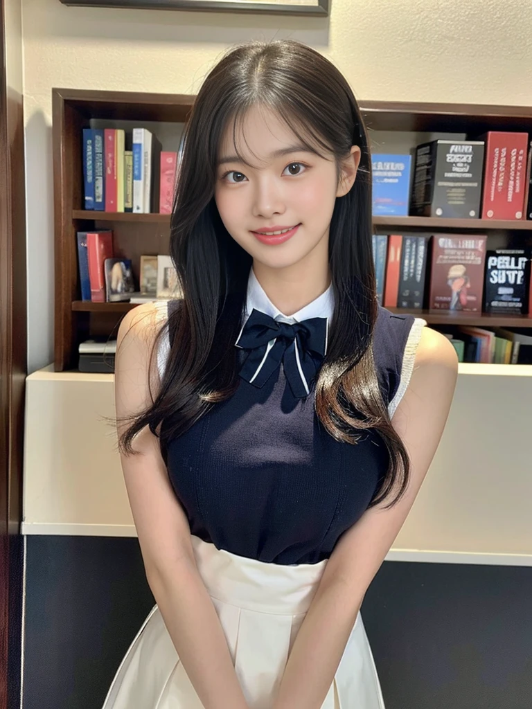(Super cute Korean high school girl looks into the camera:1.2)(grin,Smile)(Beautiful Sweat:1.1)(16k, RAW Photos, highest quality, masterpiece: 1.2),(Black bob hair with one eye covered) Super detailed, Super Resolution, (Genuine, Genuine photos: 1.37), Portraiture, High-resolution RAW color photos, Professional photos, Very detailed, 8k wallpaper, Very detailed CG Unity 8k wallpaper, Very detailed beautiful girls, Very detailed faces, ((whole body)), beautiful woman, Huge breasts,(huge boobs:1.1) (Big Boobs:1.1), Beauty college student (A tight, girly, navy sleeveless with ribbon.),high school girl, Korean Girls,(K-POP Female Idols), (Idol-class beauty)(Beautiful high school girl:1.1)(A library filled with books)(18-year-old)(Stylish school uniform-style outfit:1.1)(Group photo:1.1)(:1.0)(NSFW)