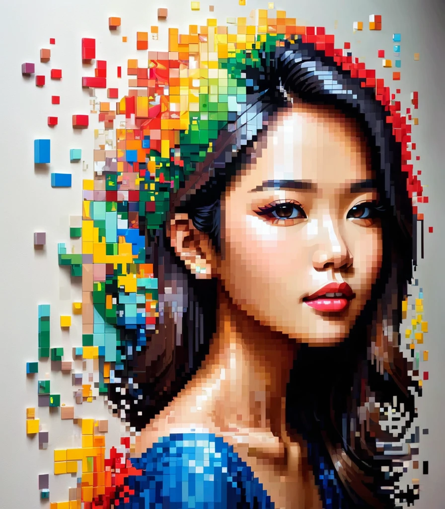 pixel art，Thai artist Thawan Duchanee uses colorful brush strokes to create 3D pixel portraits of girls..