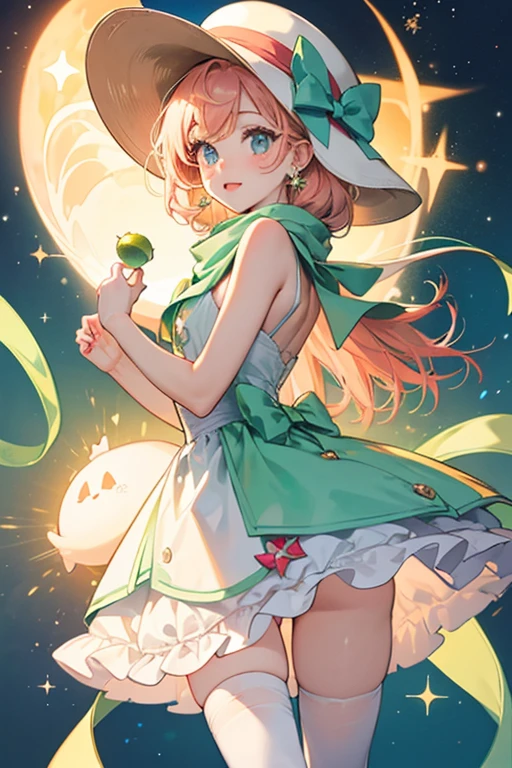 Traveltchi has light cream-colored skin and light orange-pink cheeks. She round eyes with large pupils with twinkle-shaped reflections, and one small curled eyelash each. She wears a light blue dress, a lime green scarf, red stockings, and a white and blue striped hat with a gray band, a red and white brim, a large green bow attached to the back, and a small golden heart pin. SPARKLE; GLITTER