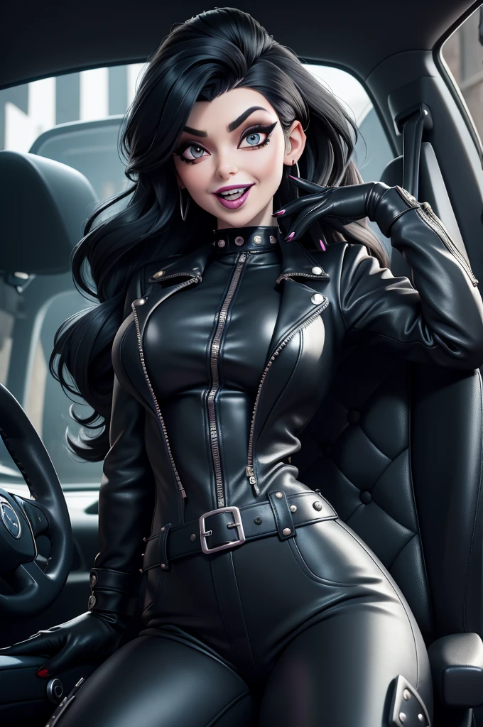 obra prima, melhor qualidade, (elvira vamp 70yo face wrinkles) head back, sassy wicked girl, big toothy smile, open mouth, (shiny fat black lipstick,) heavy blue eye shadow, long fake eyelashes, ((raven black beehive hair,)) leather biker jacket, leather pants with studs zippers snaps, nipples, metallic leather outfit, shiny leather gloves, body is skinny, reclining in car seat, arched back, hips twisted, overhead camera view, looking down at me, shallow depth of field, highres, HD, 8k, anatomically correct
