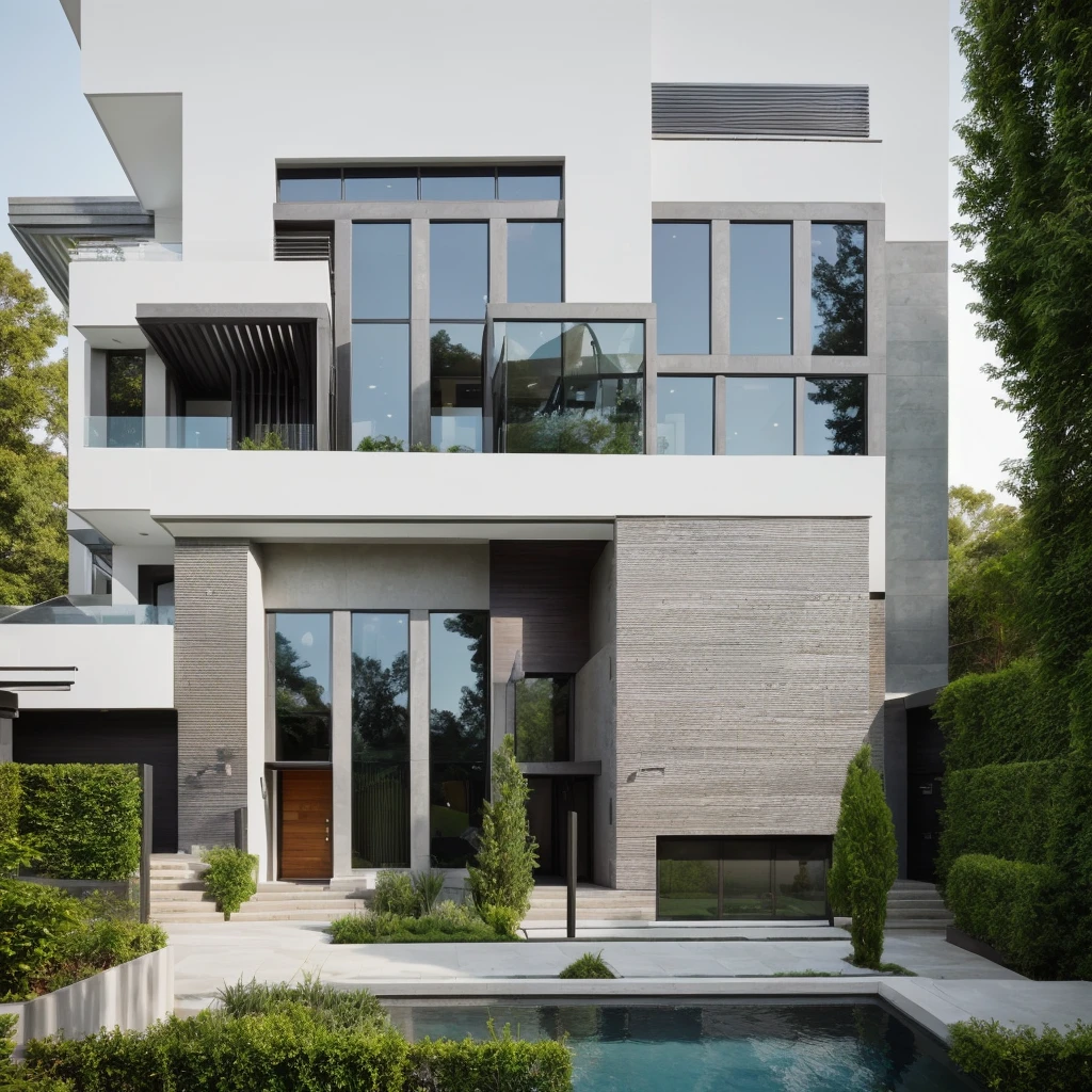arafed house with a walkway and a garden in front of it, modern house in the wood, beatiful house, exterior design, modern house, rich house, contemporary house, urban house, modern style, in style of ultra realistic, beautifully detailed, arhitectural shot, beautiful architecture, large modern residence, stunning architecture, vivid and detailed