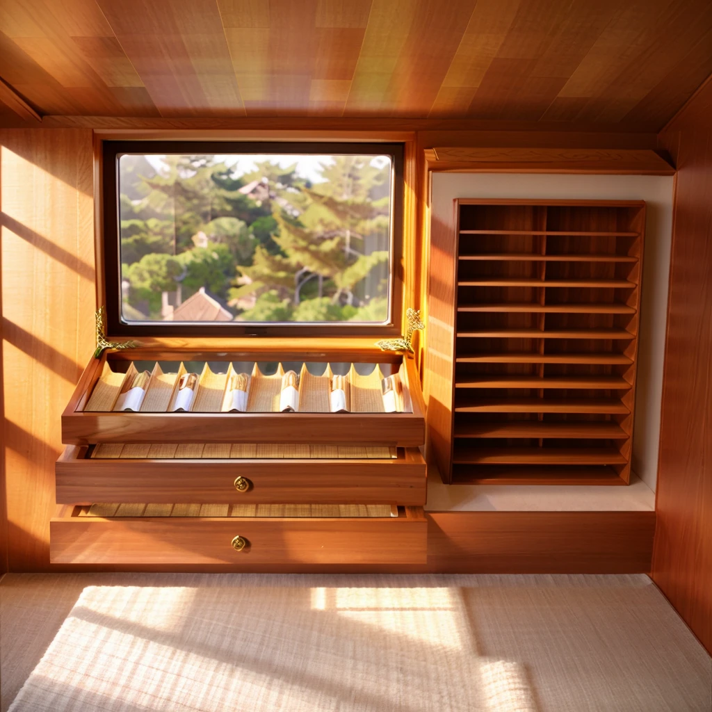 In this cozy room,A ray of sunlight shone on the table through the half-drawn curtains,Let the wood grain on the watch storage case shine with a faint sheen。There is a calm and serene atmosphere in the surrounding air。Several still lifes hang on the walls of the room,It adds a touch of elegance to the space。And on the other side of the room,A half-open window lets the breeze blow in,The pages on the small desk by the window flipped in the wind,This quiet scene gives a sense of tranquility and comfort。