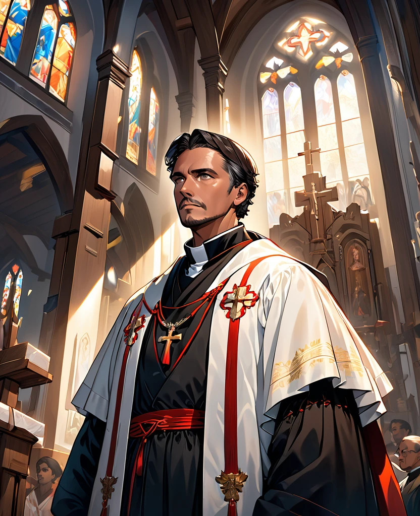 pastor masculino, Martin Luther, bata negra, older, caballero guapo, Pelo negro con pocas canas, collar con una cruz, religion, Iglesia en el fondo, dramatic lighting, film angle, Ultra High Definition, obra maestra, Muy detallado