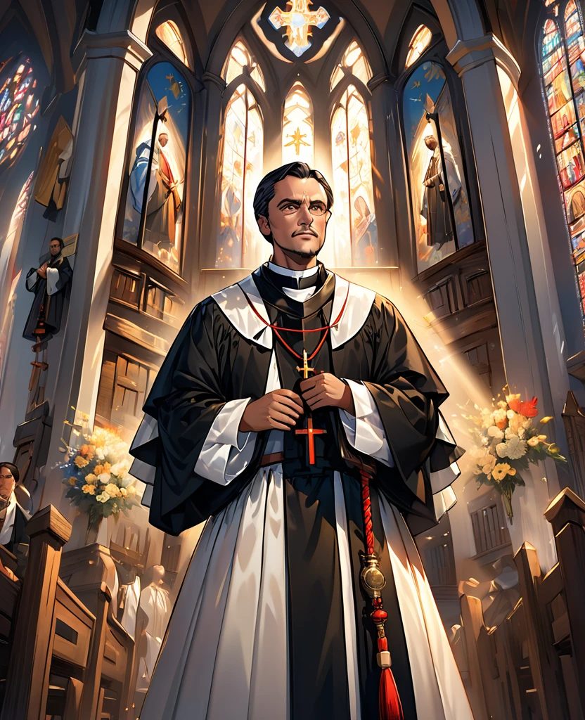 pastor masculino, Martin Luther, bata negra, older, caballero guapo, Pelo negro con pocas canas, collar con una cruz, religion, Iglesia en el fondo, dramatic lighting, film angle, Ultra High Definition, obra maestra, Muy detallado