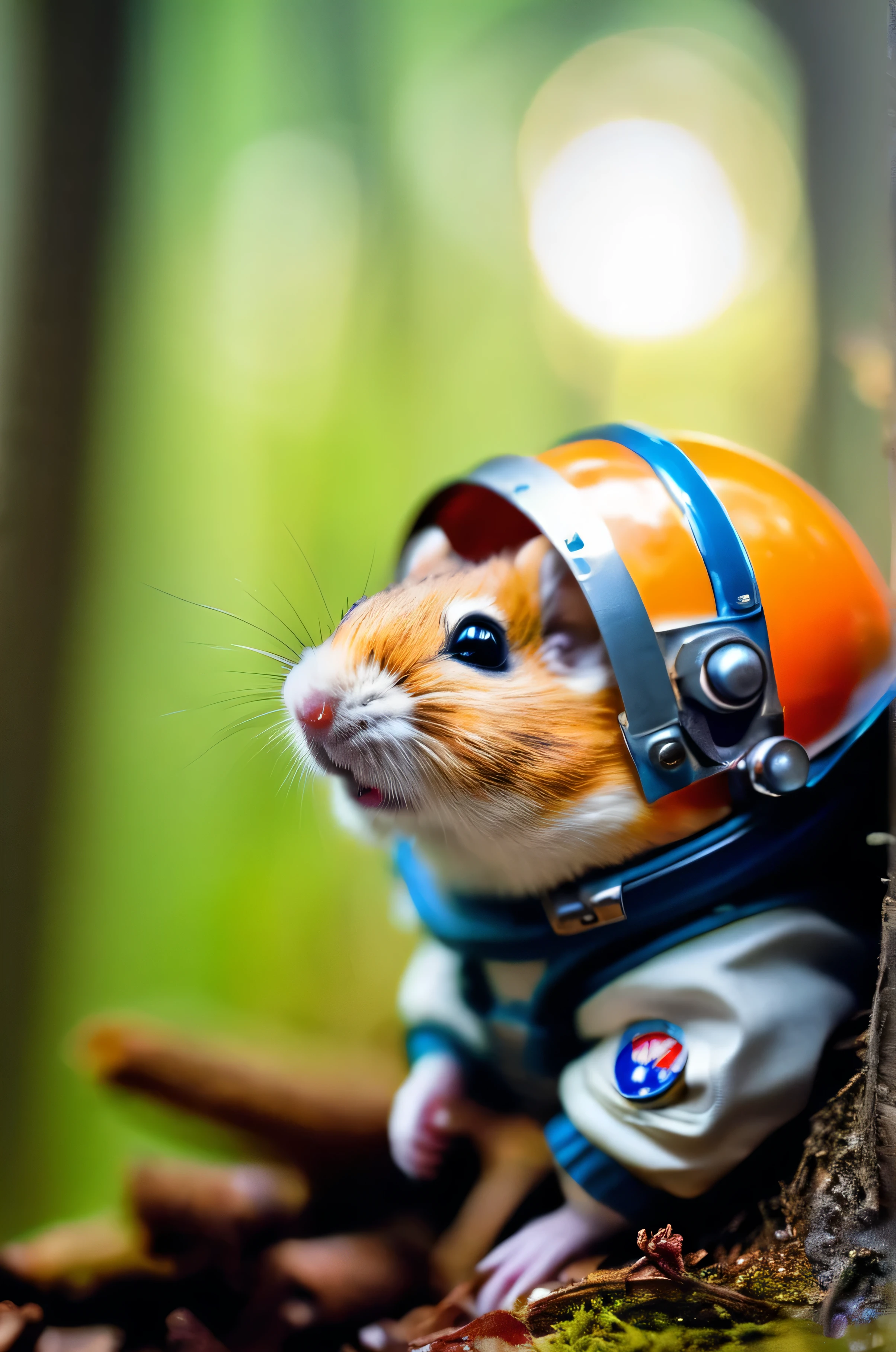 RAW Photos, delicate, highest quality,Hyper Detail, In detail,  8k, 32k, masterpiece,(Ultra-high resolution:1.2),Djungarian hamster wearing a space suit, taking off his helmet、The mission to the moon is ready, In the snowy forest、Cloudy Trees々and crunchy, cold,Hide in burrows and tree holes,Rim Light