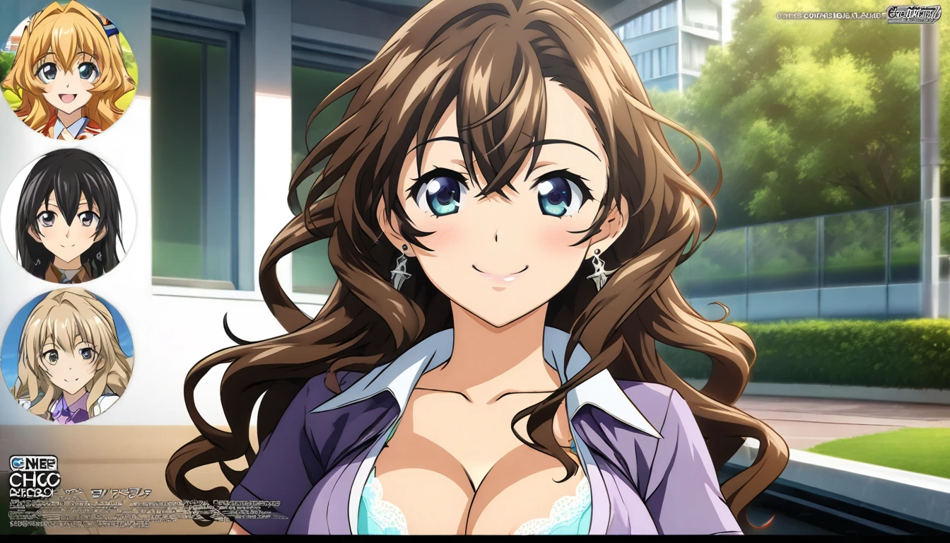 (best quality:1.5, highres, UHD, 4K, detailed lighting, shaders), wavy hair, gyaru, large breasts, short sleeve , cleavage, unbuttoned shirt, bra, sexy, skirt, (pov, close shot), earrings, smiling, standing, classroom background (masterpiece, best quality, hi res:1.2), 1girl, (solo:1.2), pklacey, detailed skin, street, park, trees, grass, backlessclothes, backless dress, purple dress, close-up portrait of an anime heroine full of confidence and mischief of the background of character selection of a group of anime girls with eyes of different colors, kantai collection style, full body, kantai collection gallery, arte oficialwork, personajes de azur carril, arte oficial, chicas de primera linea style, clear and sharp rpg portrait, character selection portrait, Also, 8K!!, Ilustraciones oficiales del anime., chicas de primera linea cg, finos detalles. chicas de primera linea, chicas de primera linea universe
