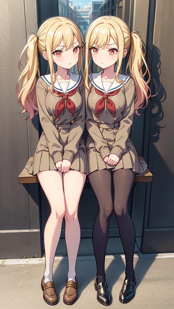 masterpiece, best quality, highres, (Conjoined_dicephalus), (2 heads:1.2), two heads, (1 body:1.5), 2 girl, solo, 2 legs, 2 arms, conjoined twins, ichigaya arisa, twintails, x hair ornament, , pleated dress, pantyhose, tenmasaki, shirt, long sleeves, twintails , sidelocks, pleated skirt, hairband, serafuku, sailor collar, side ponytail, sweater, neckerchief, eyelashes, buttons, swept bangs, wavy hair, red neckerchief,  grey skirt, white sailor collar, orange bow, angry, looking at different direction, cowbow shot, outdoors, school