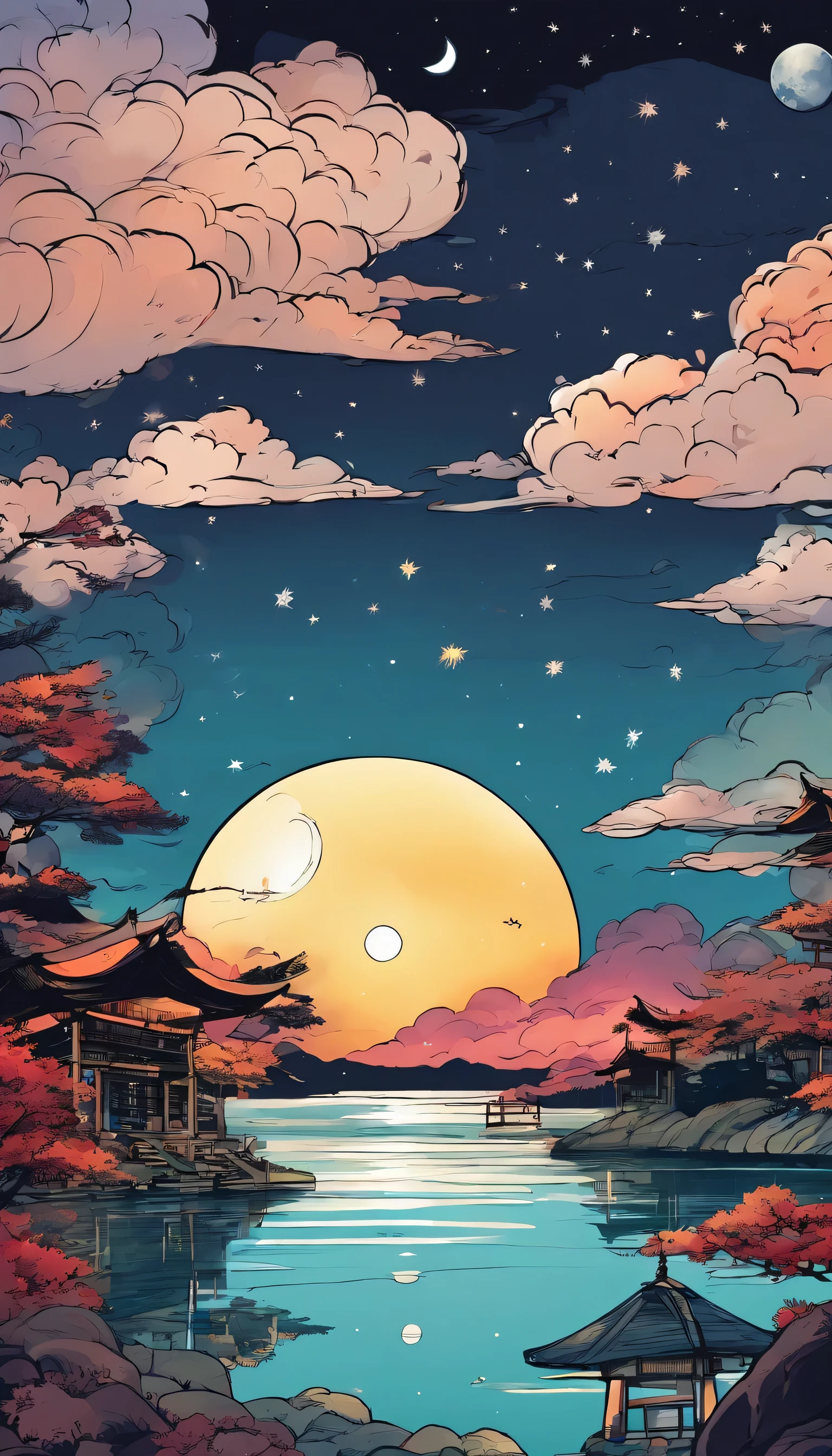 Japanese scane in night, lake in the middle, the moon shine in front of the cloud,