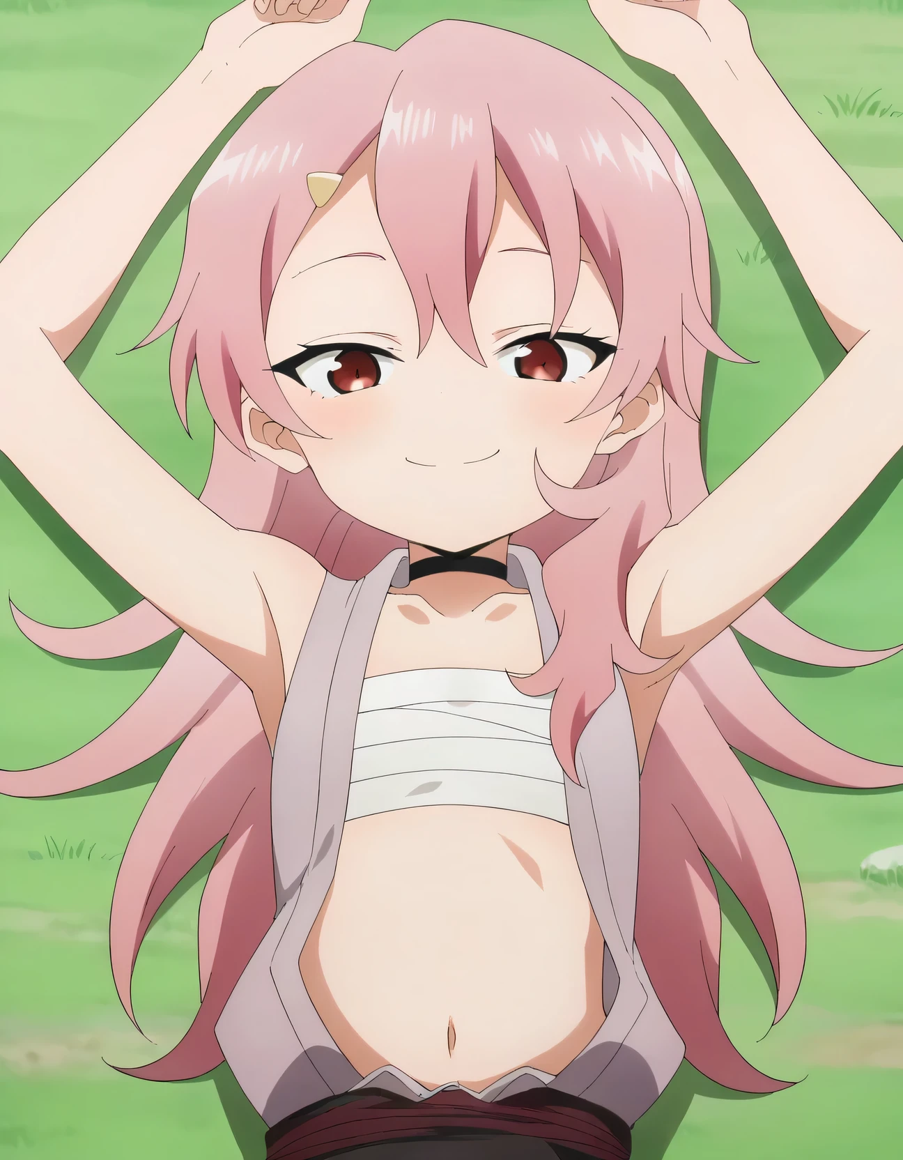 benisumomo, anime coloring ,BREAK source_anime, anime, long hair, hair ornament, red eyes, navel, pink hair, japanese clothes, choker, hairclip, flat chest, black choker, sarashi, chest sarashi, black skirt, high quality, solo, lying, on back, arms up, spread arms, closed mouth, on grass, (cowboy shot:1.5), looking at viewer, smile, best quality
