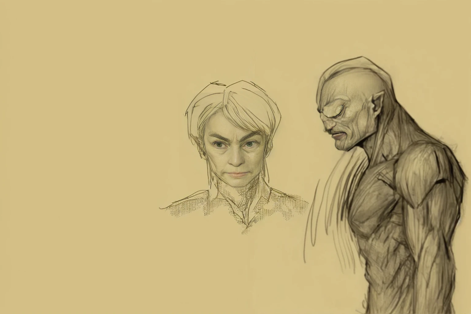 A painting,A man and a woman stand side by side in the painting, artistic, Comic character design, unrealistic character concept, character study, figure painting, Character design sketch, realistic character concept, comic concept art, Gollum becomes a giant, facial studies, Old Sketch, Guyville style, Concept Character, Character design human figure,On the left is an adult human male,Looks honest