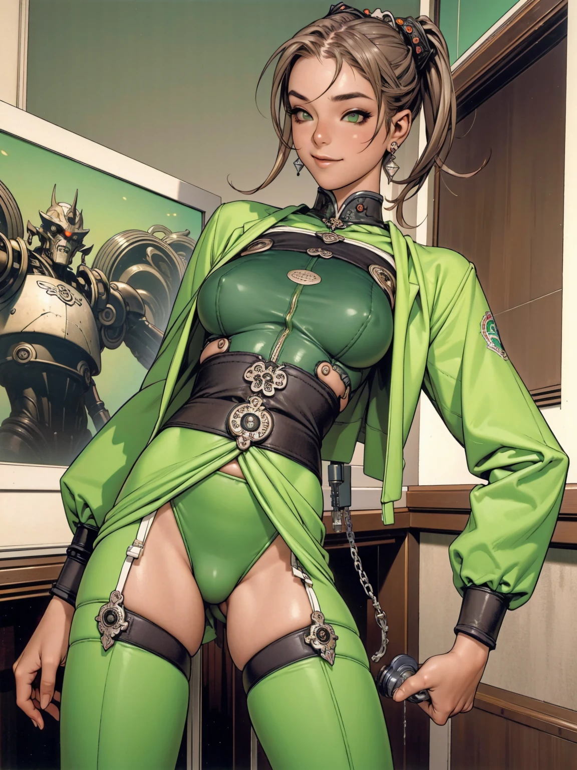 (((Light green Suit))), (((devilish smile))), (((melhor qualidade: 1.4))), (((full metal))), (((DuneWalker))), (((post-apocalypse))), (Unbeatable masterpiece), (hiper HD),(CG 8k hiper-realista), 1Garota armada em um mundo futurista usando roupas coloridas e modernas. Corte de cabelo ultra moderno, perfect body with robotic parts, seios grandes, bunda perfeita, muscles without exaggeration, rosto lindo com olhos azuis penetrantes, add textures to clothes and create something different from the usual, add accessories like garter belt, espartilho e luvas com listras, pele bronzeada e com brilho de molhado, industrial environment with giant heavy machines, Intricate machinery and giant robot parts