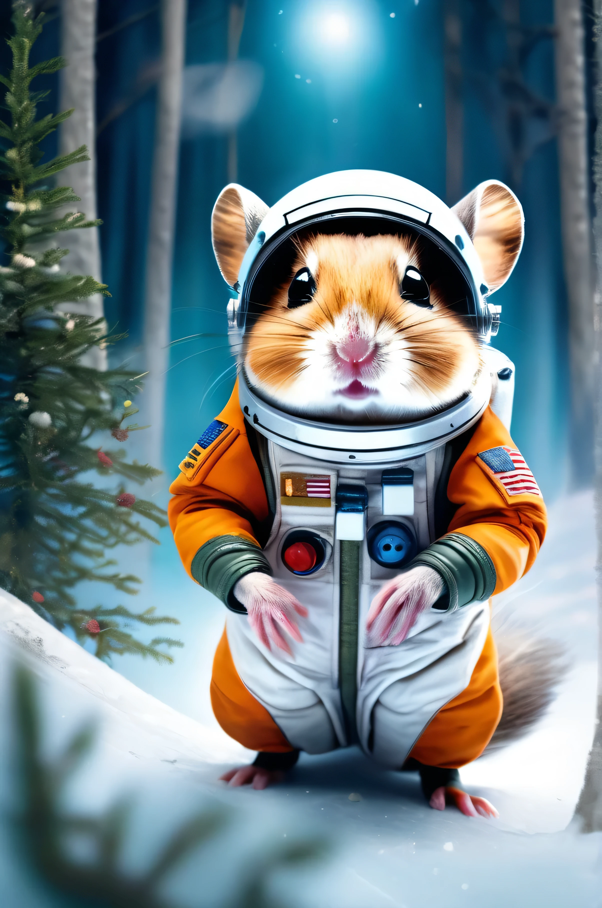 RAW Photos, delicate, highest quality,Hyper Detail, In detail,  8k, 32k, masterpiece,(Ultra-high resolution:1.2),Djungarian hamster wearing a space suit, taking off his helmet、The mission to the moon is ready, In the snowy forest、Cloudy Trees々and crunchy, cold,Hide in burrows and tree holes,Rim Light