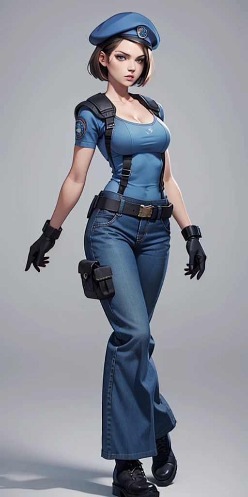 Jill Valentine, masterpiece, best quality, 1girl, solo, standing, jillre1, beret, uniform, shoulder pads, short sleeves, harness, belt, bell-bottom blue pants(Wide flares on pants:1.2), cleavage, black combat boots, full body, perfect blue eyes, perfect red mouth,