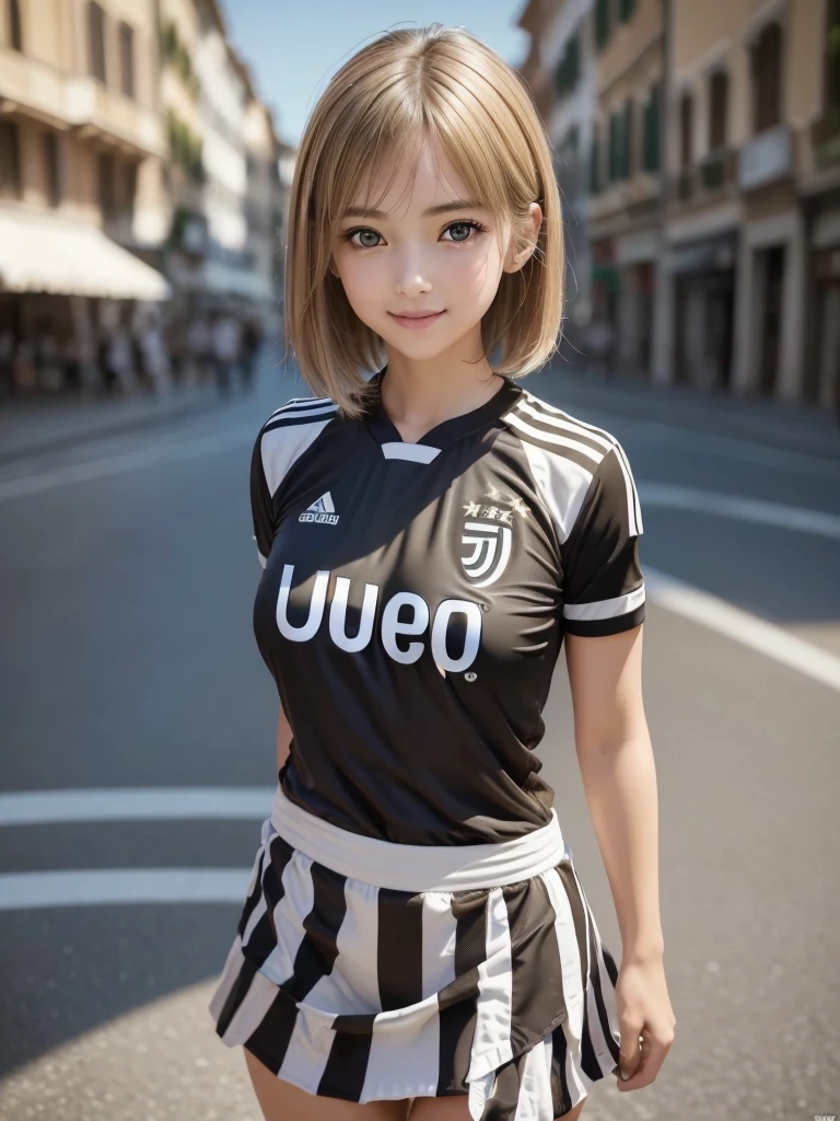 (8k, RAW Photos, highest quality, masterpiece:1.2), (Realistic, photo-Realistic:1.4), (Highly detailed 8K wallpapers), ((Full Body Shot)), (1 girl), Sharp focus, Depth of written boundary, Cinematic lighting, Soft Light, 緻密な美しさのeye, eye_Chan, Very beautiful 17 year old girl, innocent big eyes, Realistic, photo Realistic, Highly detailed cute girl, (Thin thighs), (Model Body Type), (((Juventus Soccer Jersey))), ((Micro Mini Tight Skirt)), (((Fold your arms in front of your chest and act arrogantly))), ((A happy smile)), Parted lips, Watching the audience, (On the streets of Italy) , (Blonde),(Short Bob Hair), (Asymmetrical bangs)