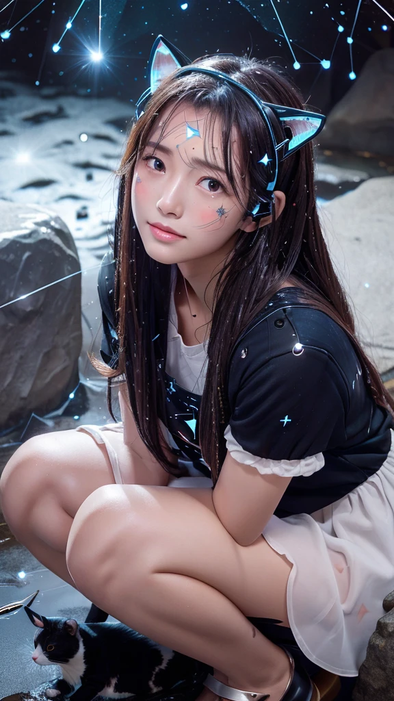 , Beauty, with cows , close up, Blushed face, Crouching, wet, Cat ears, Starry Sky, (constellation:1.5)